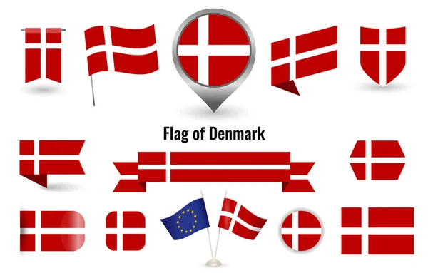 La Bandera de Dinamarca. Gran conjunto de iconos y símbolos. — Vector de stock