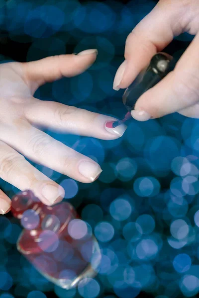 Woman Applying Red Nail Polish Her Fingernails — Stock Photo, Image
