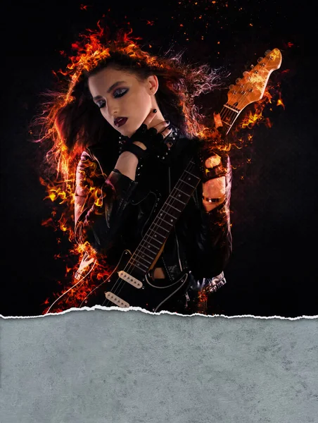 Rock Star Posing Her Guitar — Stock Photo, Image