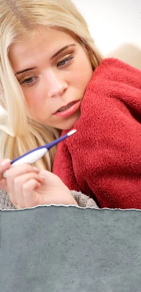 Worried Woman Looking Thermometer — Stock Photo, Image