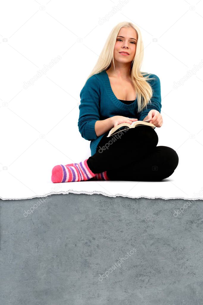 Woman reading. White background