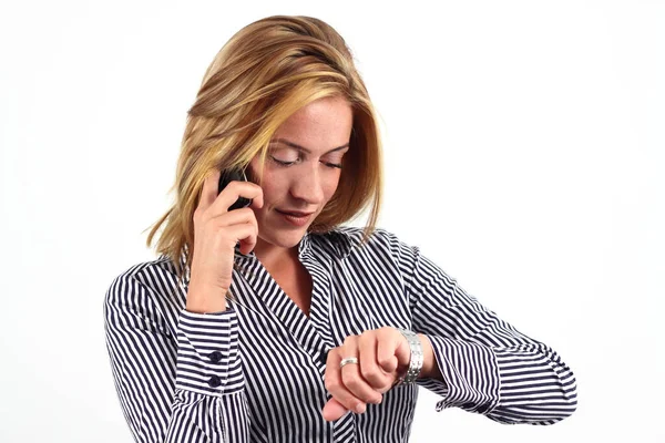 Zakelijke Vrouw Controleren Tijd Geïsoleerd Wit — Stockfoto