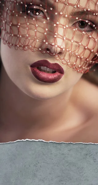 Sexy Woman Ruby Lips Veil — Stock Photo, Image