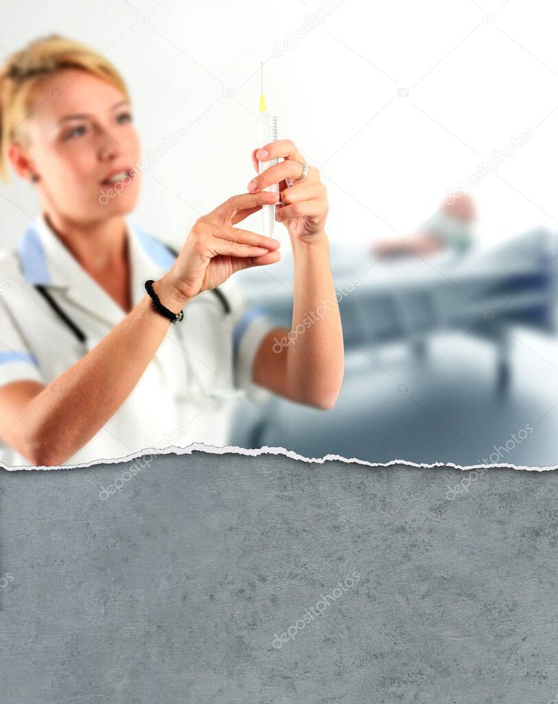 Young doctor holding a syringe, hospital background