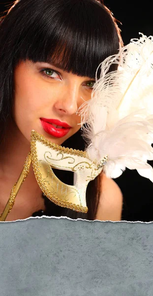 Portrait Young Woman Holding Venetian Mask — Stock Photo, Image