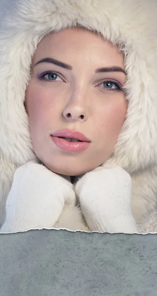 Young Woman Wearing White Fur Cap — Stock Photo, Image