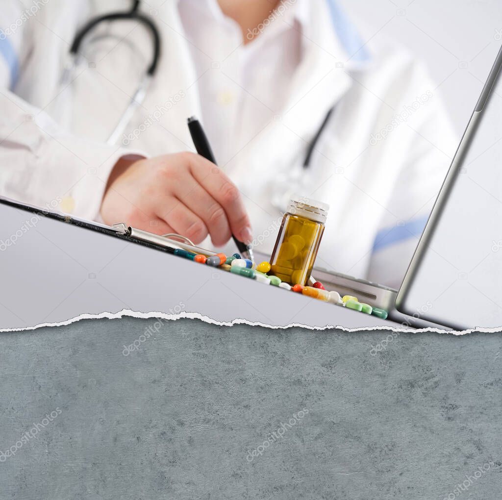 Doctor writing a prescription. Ripped paper effect