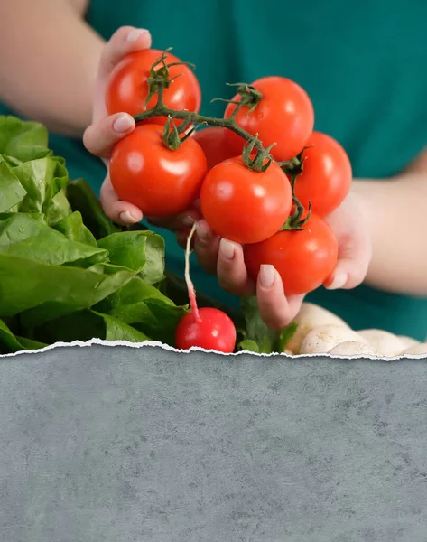 Mulher Segurando Tomates Frescos Mercado Dos Agricultores — Fotografia de Stock