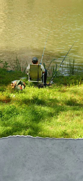 Fisherman Fishing Pole His Hand — Stock Photo, Image