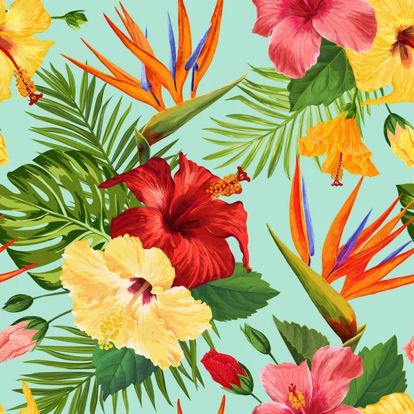 水彩の熱帯花のシームレスなパターン。花の手描きの背景。エキゾチックな生地、織物、壁紙の咲く花のデザイン。ベクトル図 — ストックベクタ