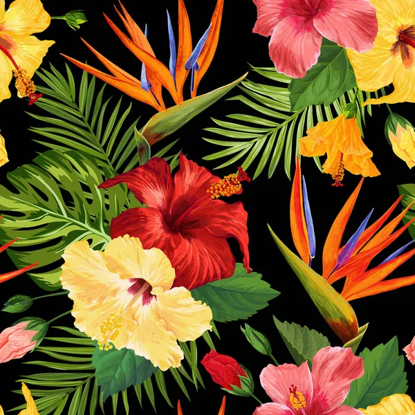 Acquerello fiori tropicali modello senza soluzione di continuità. Sfondo floreale disegnato a mano. Fiori esotici fioritura Hibiskus Design per tessuto, tessuto, carta da parati. Illustrazione vettoriale — Vettoriale Stock