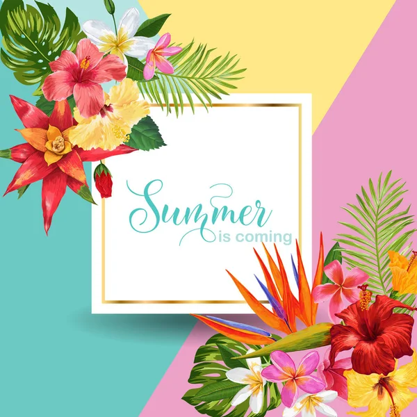 Olá Summer Tropic Design. Tropical Hibiskus flores fundo para pôster, banner venda, Placard, Flyer. Composição Vintage floral. Ilustração vetorial — Vetor de Stock