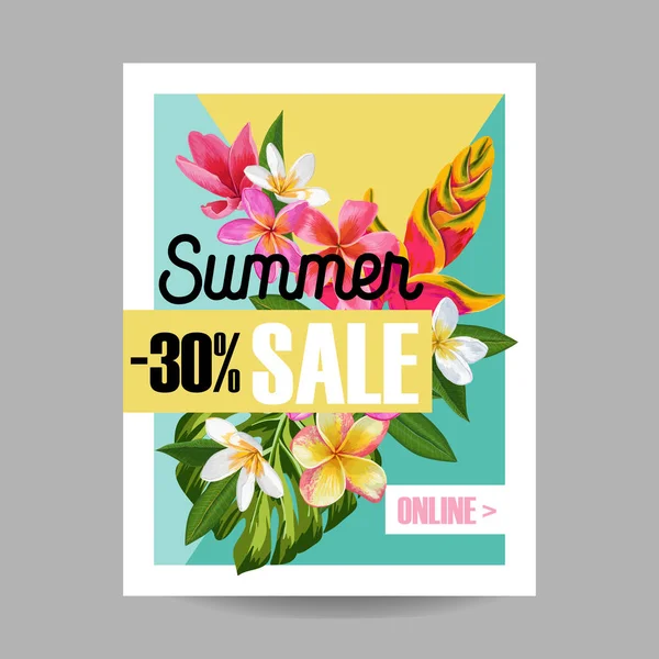 Sommerschlussverkauf. Saisonale Förderung mit Plumeriablüten und Palmblättern. Blumenrabatt-Vorlage für Poster, Flyer, Gutscheine. Vektorillustration — Stockvektor