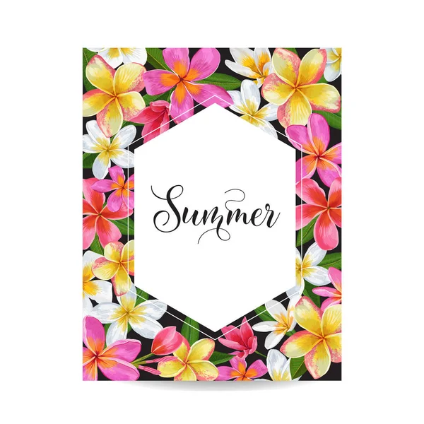 Cartel floral de verano. Flyer, Folleto, Tropical Plumeria Flowers Design for Invitation, Banner. Hola Summer Watercolor Botanical Card. Ilustración vectorial — Vector de stock