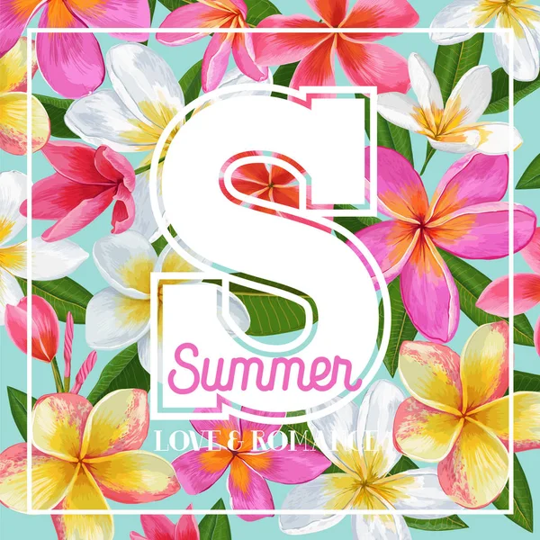 Yaz aylarında çiçek Poster. Tropikal pembe Plumeria çiçek tasarım afiş, el ilanı, broşür, kumaş baskı için. Merhaba yaz suluboya arka plan. Vektör çizim — Stok Vektör