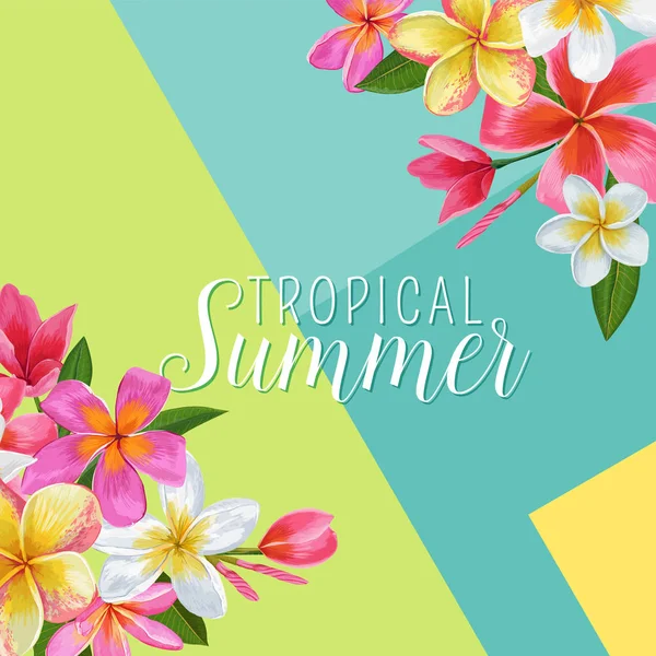 Yaz aylarında çiçek Poster. Tropikal egzotik Plumeria çiçek tasarım afiş, el ilanı, broşür, kumaş baskı için. Merhaba yaz suluboya arka plan. Vektör çizim — Stok Vektör