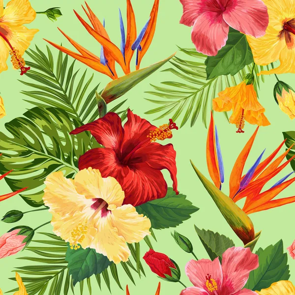 Watercolor Tropical Flowers Seamless Pattern. Floral Hand Drawn Background. Exotic Blooming Flowers Design for Fabric, Textile, Wallpaper. Vector illustration — Stock Vector