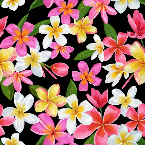 水彩の熱帯花のシームレスなパターン。花の手描きの背景。生地、織物、壁紙のエキゾチックなプルメリアの花のデザイン。ベクトル図 — ストックベクタ