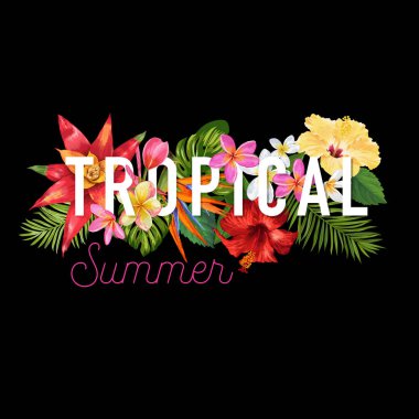 Merhaba yaz Tropic tasarım. Poster, satışı büyük başlığı, afiş, el ilanı için tropikal Hibiskus çiçek Background. Çiçek Vintage kompozisyon. Vektör çizim