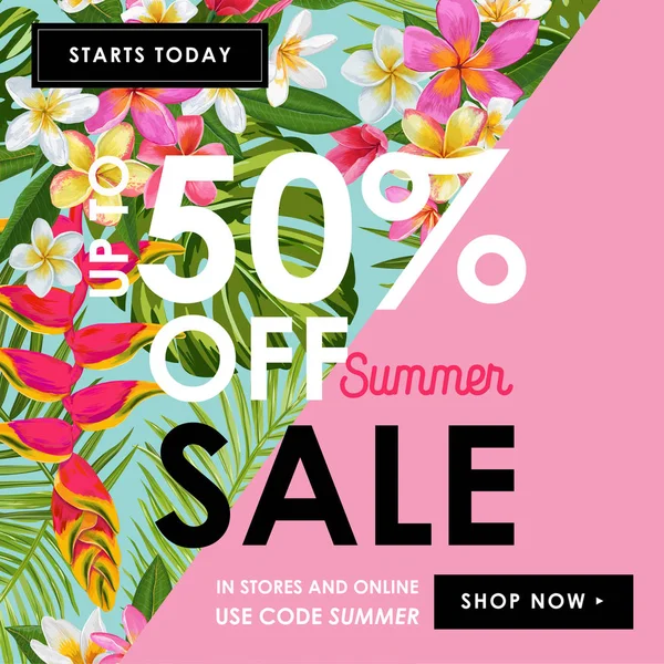 Venta de verano Tropical Banner. Promoción Estacional con Flores de Plumería y Hojas de Palma. Diseño de plantilla de descuento floral para póster, folleto, certificado de regalo. Ilustración vectorial — Vector de stock