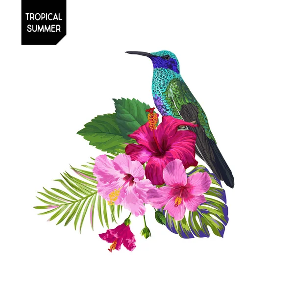 Diseño tropical de verano con colibrí y flores exóticas. Antecedentes florales con aves tropicales, hibiskus y hojas de palma. Ilustración vectorial — Vector de stock