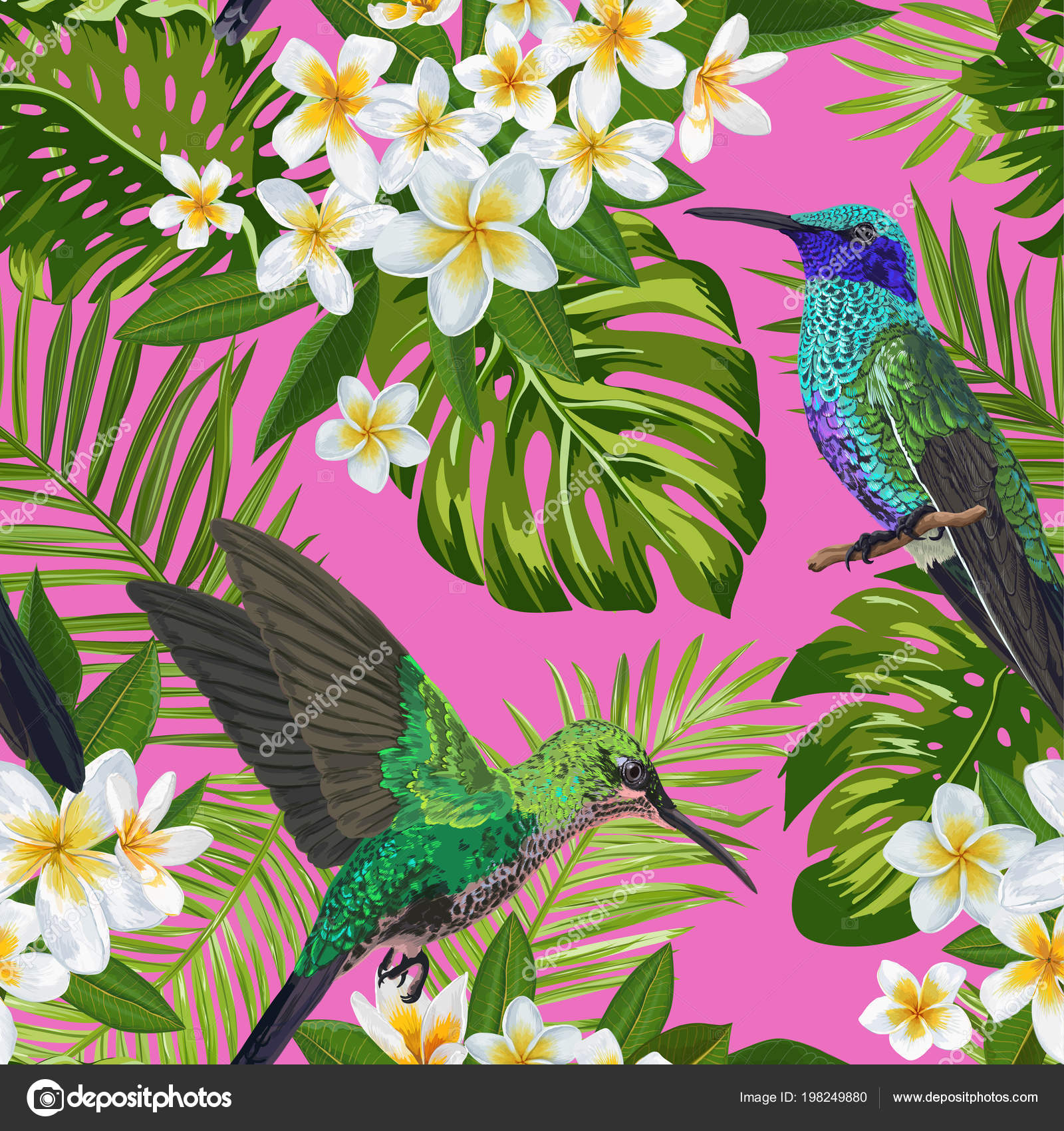 Floral Tropical Seamless Pattern With Exotic Flowers And Humming Bird Floral Tropical Seamless Pattern With Exotic Flowers And Humming Bird