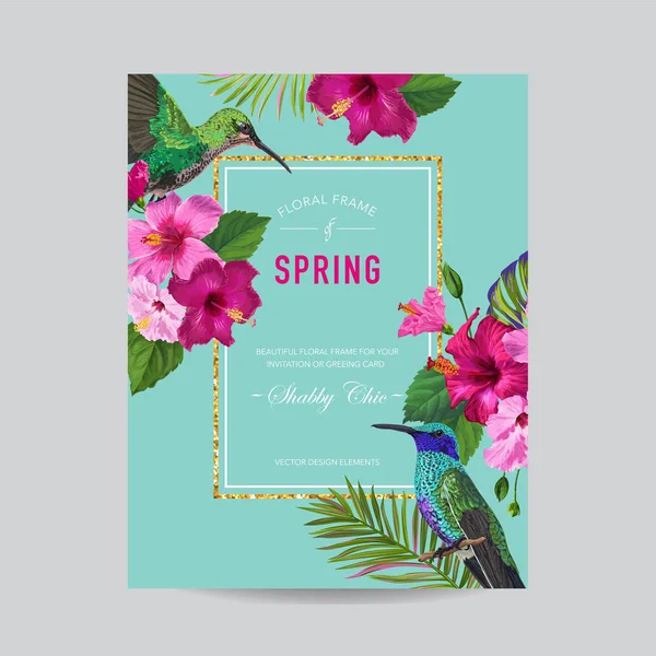 Virágzó tavaszi és nyári virágos keret trópusi kolibri. A meghívó, esküvői, Baby Shower kártya vektoros illusztráció akvarell hibiszkusz virágok — Stock Vector
