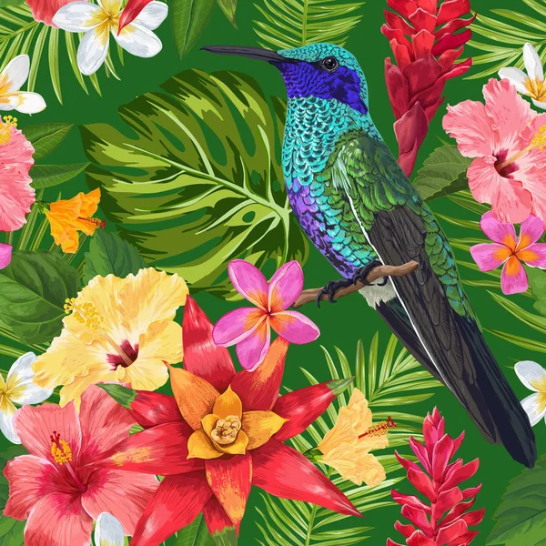 Tropische naadloze bloemmotief met exotische bloemen en Humming Bird. Bloeiende bloemen, de vogels en de Palm laat de achtergrond voor stof, behang, textiel. Vectorillustratie — Stockvector