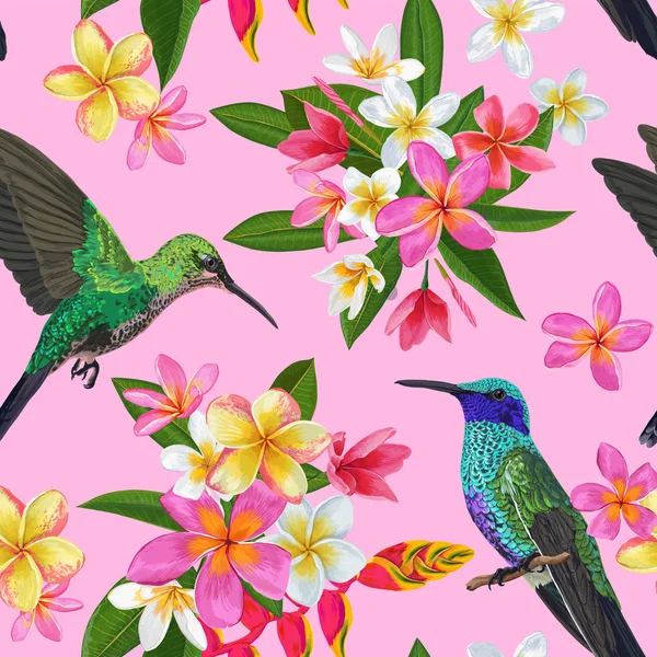 Floral Tropical Seamless Pattern with Exotic Flowers and Humming Bird. Flores de Plumeria Florecientes, Pájaros y Hojas de Palma Fondo para Tela, Papel pintado, Textil. Ilustración vectorial — Archivo Imágenes Vectoriales