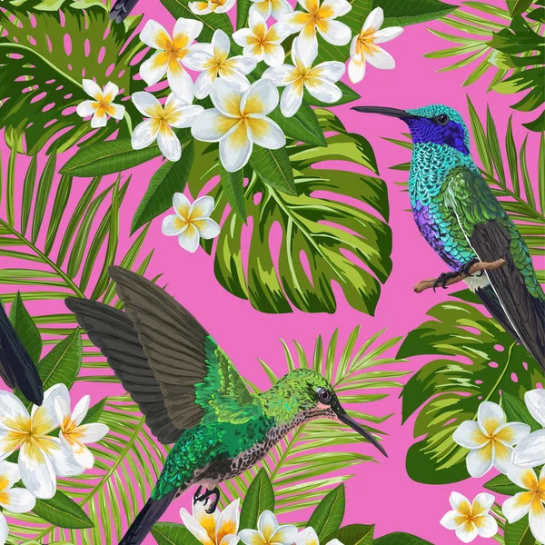 Floral Tropical Seamless Pattern with Exotic Flowers and Humming Bird. Flores de Plumeria Florecientes, Pájaros y Monstera Hojas Fondo para Tela, Papel pintado, Textil. Ilustración vectorial — Archivo Imágenes Vectoriales