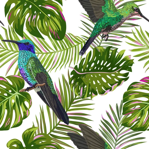 Цветочный тропический бесшовный рисунок с жужжащей птицей. Птицы и пальмовые листья фон для ткани, обоев, текстиля. Векторная иллюстрация — стоковый вектор