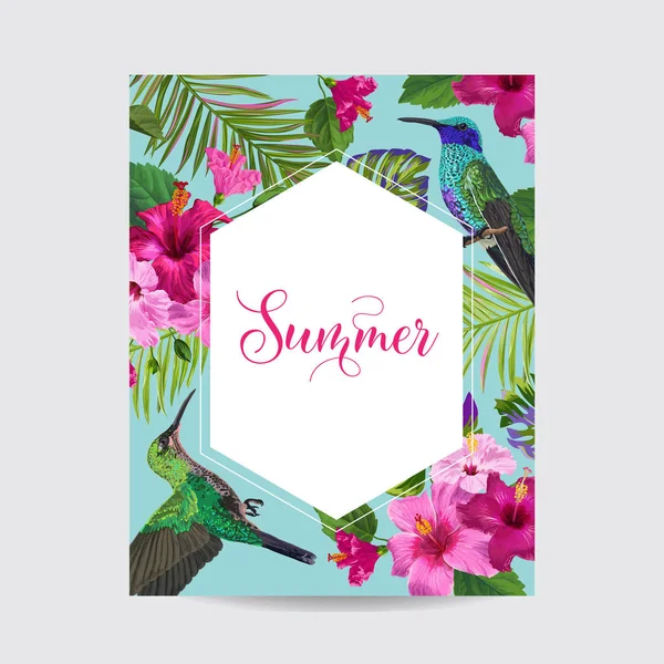 Tropische zomer bloemen Poster met Hummingbird. Zomer kaart met Hibiscus bloemen en vogels. Verkoop Banner met palmbladeren en gouden Frame. Vectorillustratie — Stockvector