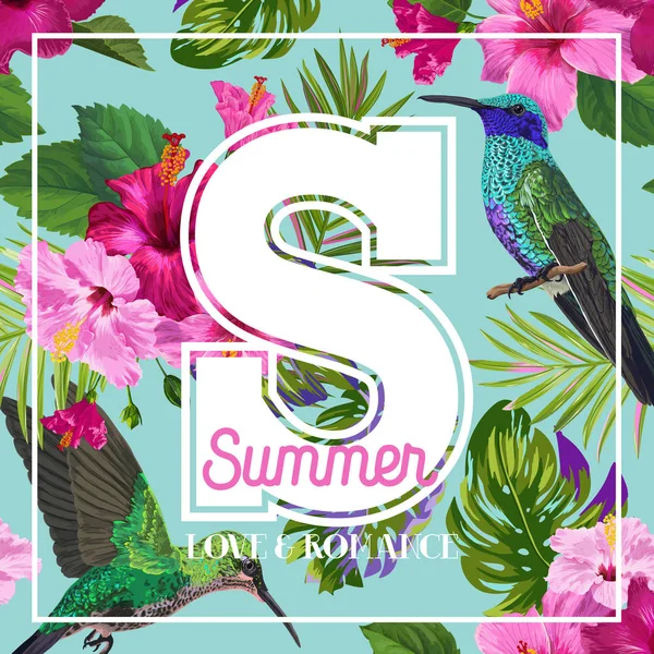 Tropical Summer Floral Poster com Hummingbird. Summertime Design com flores e pássaros Hibiscus. Banner de venda com folhas de palma. Ilustração vetorial — Vetor de Stock