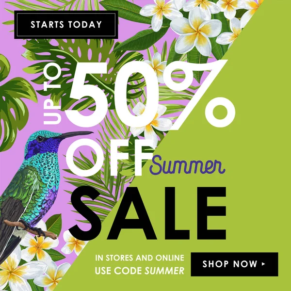 Πώληση καλοκαίρι Banner με τροπικά λουλούδια, φύλλα φοίνικα και κολίμπρια. Floral πρότυπο για Promo, έκπτωση κουπόνι, φέιγ βολάν, διαφήμιση. Εικονογράφηση διάνυσμα — Διανυσματικό Αρχείο