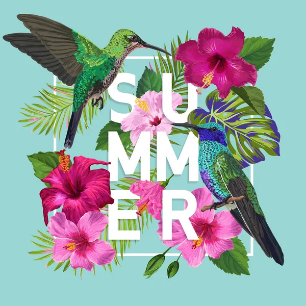 Tropische zomer bloemen Poster met Hummingbird. Zomer Design met Hibiscus bloemen en vogels. Verkoop Banner met Palm bladeren. Vectorillustratie — Stockvector