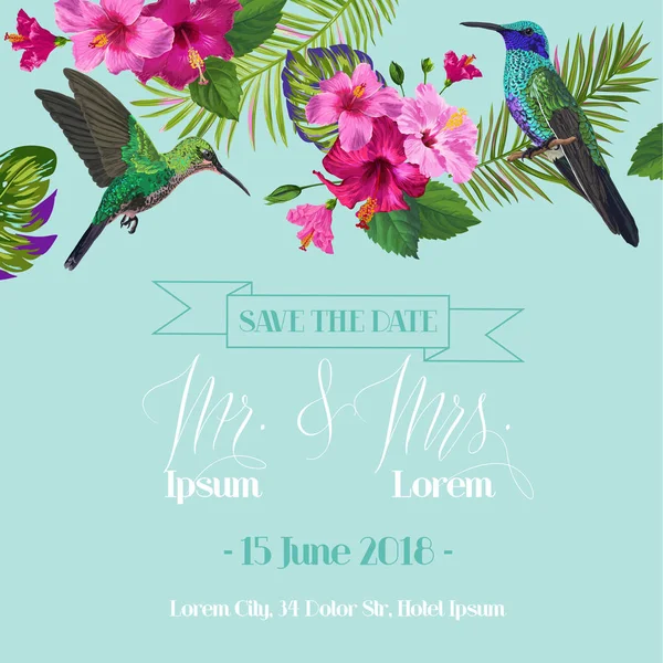 Boda Invitación con Flores Tropicales Florecientes y Colibríes. Guardar la fecha Tarjeta floral con aves exóticas. Ilustración vectorial — Archivo Imágenes Vectoriales