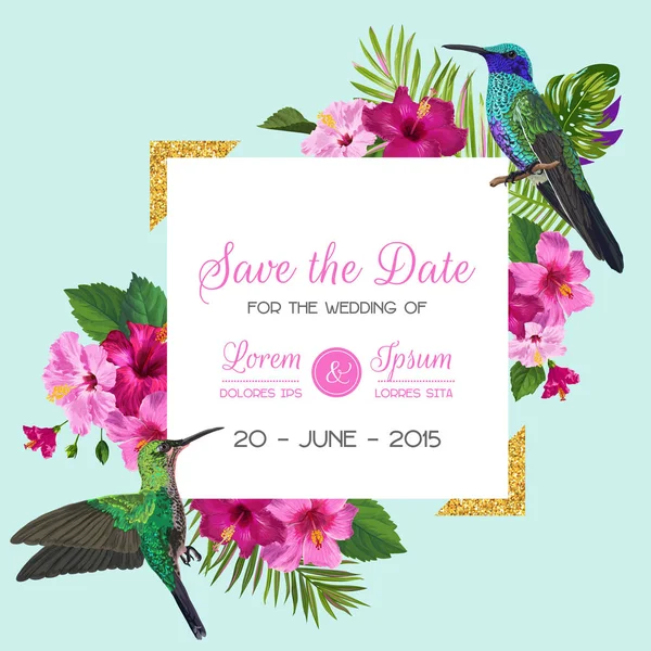 Wedding Invitation with Blooming Tropical Flowers and Hummingbirds. Save the Date Floral Card with Exotic Birds and Golden Frame. Vector illustration — Stock Vector