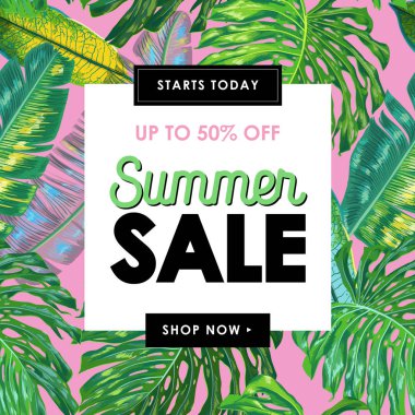 Yaz Satılık tropikal afiş Palm ile bırakır. Mevsimlik indirimli, promosyon, Tersanemiz çiçek arka plan afiş, broşür, Poster için. Vektör çizim