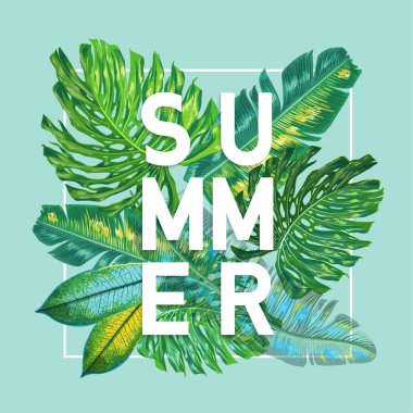 Merhaba Palm Leaves 'li Tropikal Tasarım. Plaj Tatil Posteri, Banner. Tropik Çiçek Tişört, Flyer, Ört. Vektör illüstrasyonu