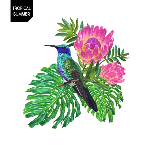 Sommer tropisches Design mit Kolibri und exotischen Blumen. Floraler Hintergrund mit tropischen Vögeln, Protea und Monstera-Palmenblättern. Vektorillustration — Stockvektor