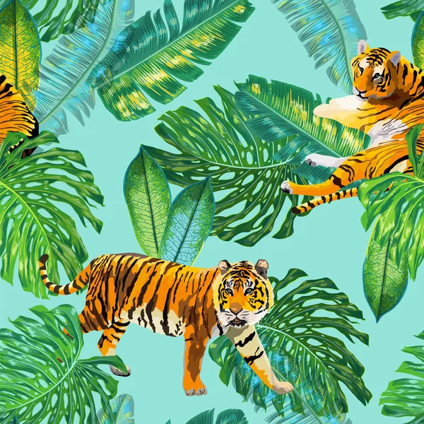 Tigers in Tropical Palm Leaves Seamless Pattern. Arrière-plan aquarelle tropicale avec tigre et Monstera pour papier peint, papier d'emballage. Illustration vectorielle — Image vectorielle