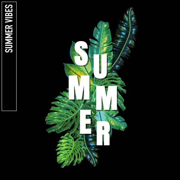 Hej lämnar sommar tropiska Design med Palm. Stranden semester affisch, Banner. Tropic växter blommig bakgrund för T-shirt, Flyer, täcker. Vektorillustration — Stock vektor