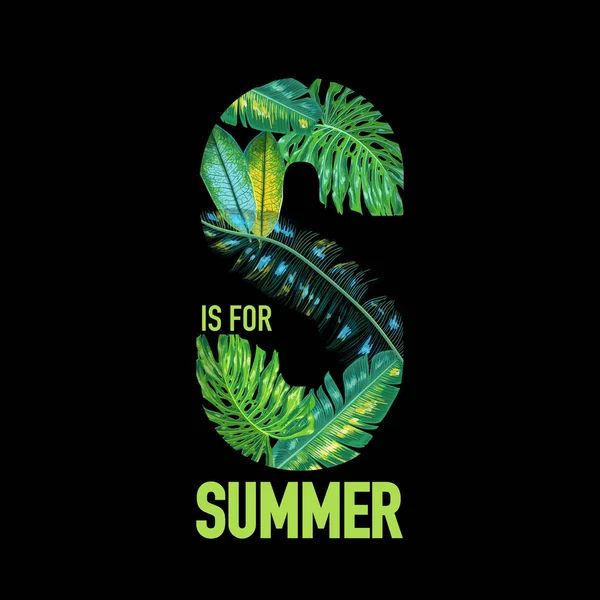 Hola verano Tropical Design con hojas de palma. Cartel de vacaciones en la playa, Banner. Fondo floral tropical para camiseta, volante, portada. Ilustración vectorial — Archivo Imágenes Vectoriales