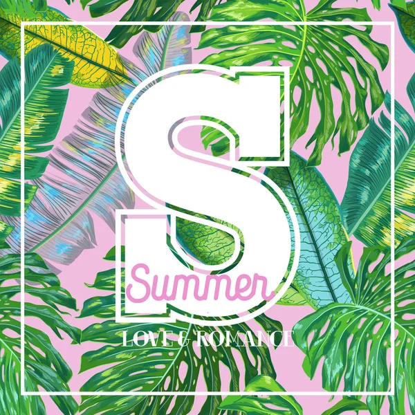 Hallo bladeren zomer tropische Design met Palm. Strand vakantie Poster, Banner. Tropic planten florale achtergrond voor T-shirt, Flyer, dekking. Vectorillustratie — Stockvector