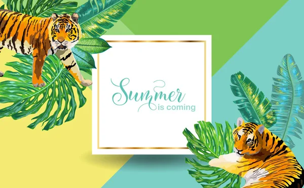 Olá Summer Tropical Design com folhas de palma e tigres. Tropic Beach Vacation Poster, Banner, T-shirt, Flyer, Capa. Ilustração vetorial — Vetor de Stock