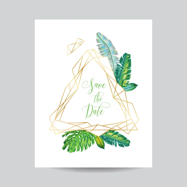 Vorlage für die Hochzeitseinladung mit Palmblättern. Speichern Sie die Datumskarte. Botanisches Sommerdesign für Poster, Grußkarten. Vektorillustration — Stockvektor