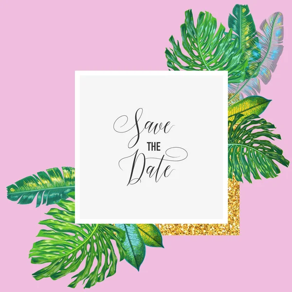 Wedding Invitation Template with Palm Leaves. Tropical Save the Date Card with Golden Frame. Summer Botanical Design for Poster, Greeting Card. Vector illustration — Stock Vector