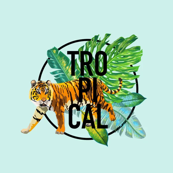 Hallo sommerliches tropisches Design mit Palmblättern und Tigern. Tropischer Strand Urlaubsposter, Banner, T-Shirt, Flyer, Cover. Vektorillustration — Stockvektor