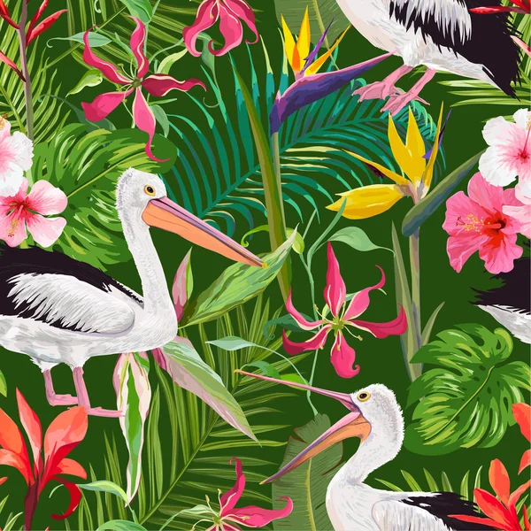 Padrão sem costura de natureza tropical com pelicanos e flores. Fundo floral com aves aquáticas para tecido, têxtil, papel de parede. Ilustração vetorial —  Vetores de Stock