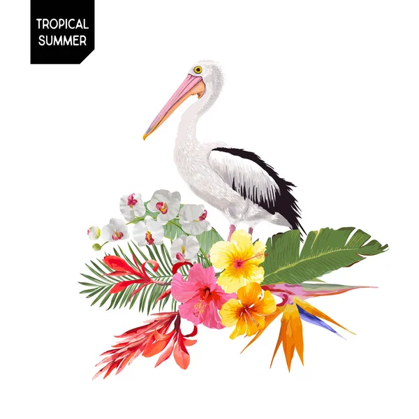 Tropisches Sommerdesign mit Pelikanvogel und exotischen Blumen. Wasservogel mit tropischen Pflanzen und Palmblättern für T-Shirt, Print. Vektorillustration — Stockvektor